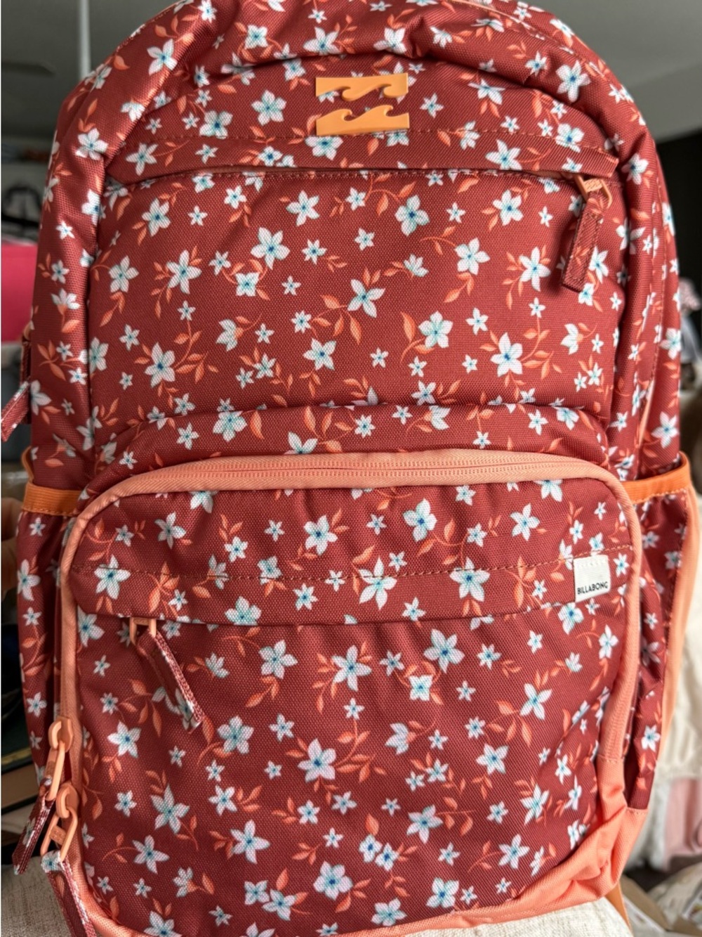 Billabong Rust Floral Backpack with White and Peach Accents